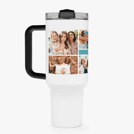 Thermosflasche mit Henkel und Strohhalm, individuell gestaltet mit einer Fotocollage und einer Botsc