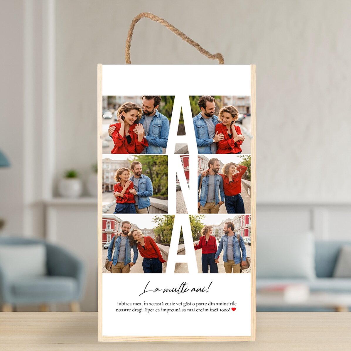 Personalisierte Geschenkbox aus Holz mit 6 Fotos und einer Botschaft – Liebevolle Erinnerungen