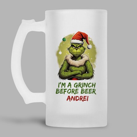 Personalisierter Bierkrug mit Aufdruck – „Grinch before beer“