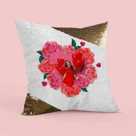 Personalisiertes Paillettenkissen mit einem Foto und Rosen