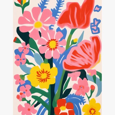 Poster mit einer Illustration von bunten Blumen, gezeichnet 1