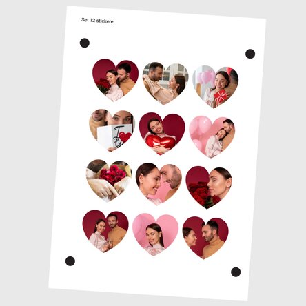 Set mit 12 Aufklebern (selbstklebende Etiketten) in Herzform, individuell mit Fotos gestaltet