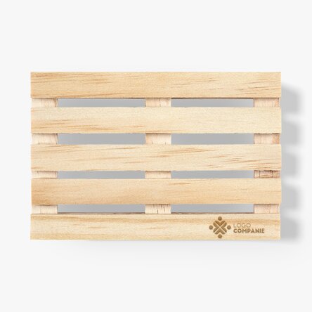 Individuell gestalteter Glasuntersetzer in Form einer Palette mit Logo