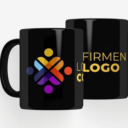 Personalisierte Tasse mit Logo auf schwarzem Hintergrund