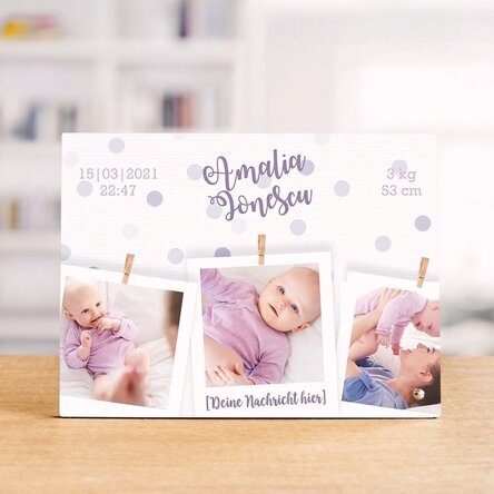 Personalisierter Fotorahmen für den Schreibtisch mit 3 Fotos und Text – Welcome, baby!
