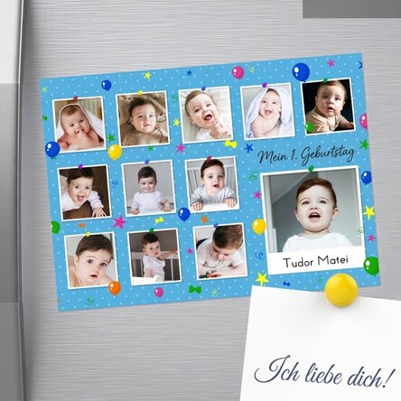 Individuell gestalteter Magnet (18 x 13 cm) mit Fotos und Text – Mein erster Geburtstag