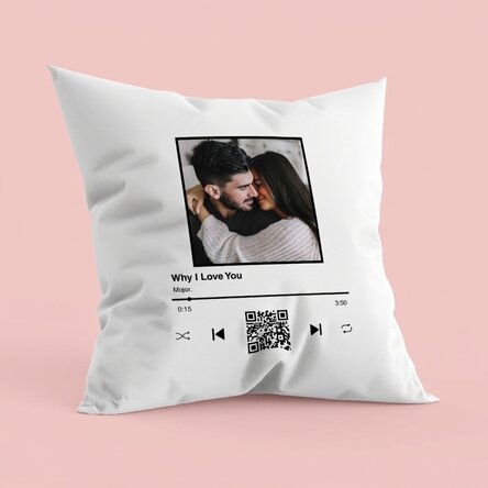 Personalisiertes Kissen mit Foto, Text und QR-Code – Unser Lied