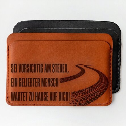 Personalisierte Lederbrieftasche mit Botschaft – Pass auf!