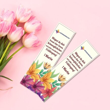 Personalisiertes Lesezeichen mit Logo und Frühlingsgruß