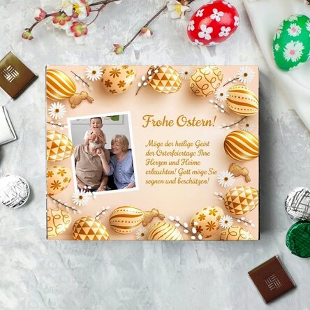 Individuell gestaltete Pralinenschachtel mit Foto und Botschaft – Frohe Ostern!