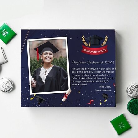 Personalisierte Pralinenschachtel mit einem Foto und einer Botschaft zum Schulabschluss