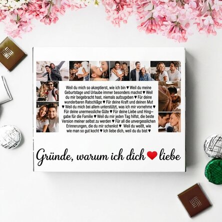 Personalisierte Pralinenschachtel mit 20 Fotos und Text – Gründe, warum ich dich liebe