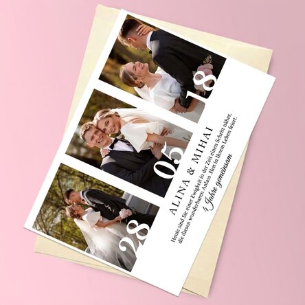Personalisierte Magnetkarte mit 3 Fotos und Text zum Hochzeitstag
