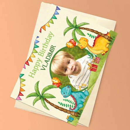 Personalisierte Magnetkarte mit Foto und Grußtext für Kinder – Dinosaurier
