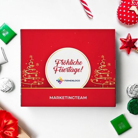 Personalisierte Pralinenschachtel mit Logo und Grußtext – Frohe Feiertage