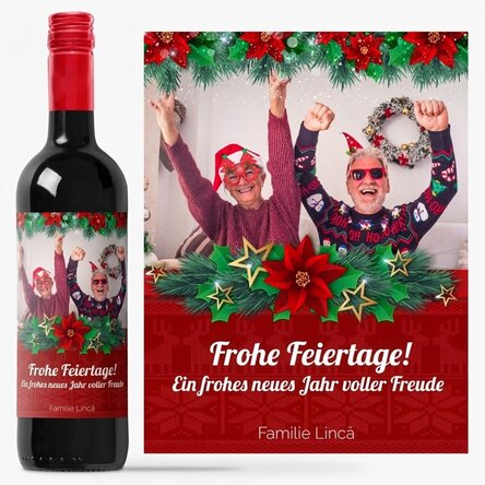 Personalisierter Wein mit einem Foto und einer Festtagsbotschaft für die Großeltern