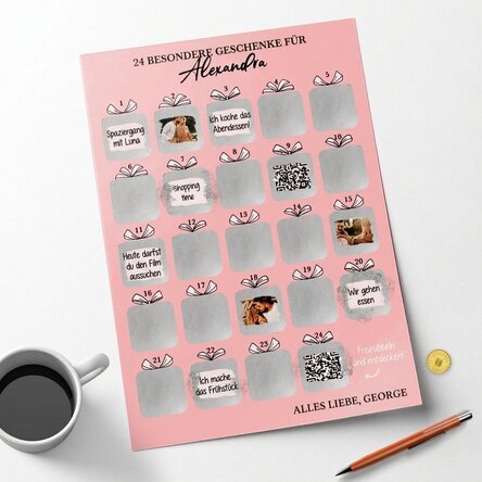 Individuell gestaltbares Rubbel-Adventsplakat mit Fotos, Botschaft und QR-Code
