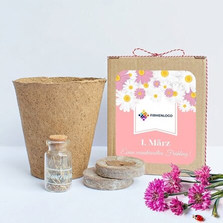 Pflanzset für Frühlingsblumen in einer personalisierten Schachtel mit Logo und Botschaft – Floral