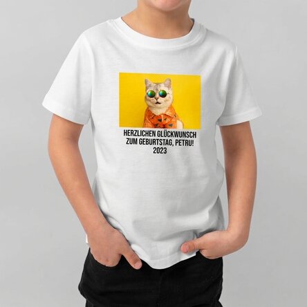 Personalisiertes Baumwoll-T-Shirt für Kinder mit einem Querformat-Foto und Text