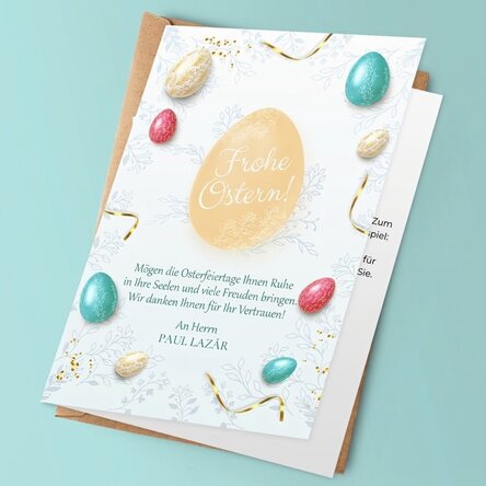 Individuell gestaltete Grußkarte mit Logo und Botschaft – Frohe Ostern!