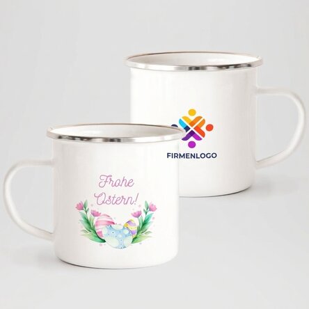 Emaillierter Metallbecher, individuell gestaltet mit Logo und Text – Frohe Ostern!