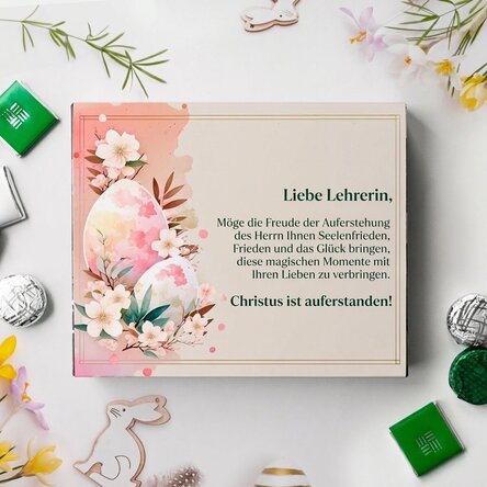 Personalisierte Pralinenschachtel mit einer Botschaft für die Lehrerin – Frohe Ostern!