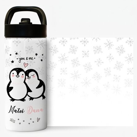Thermoskanne mit Griff und personalisiertem Strohhalm mit Text – You & Me