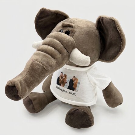 Personalisierter Plüschelefant mit zwei Fotos und einem Text