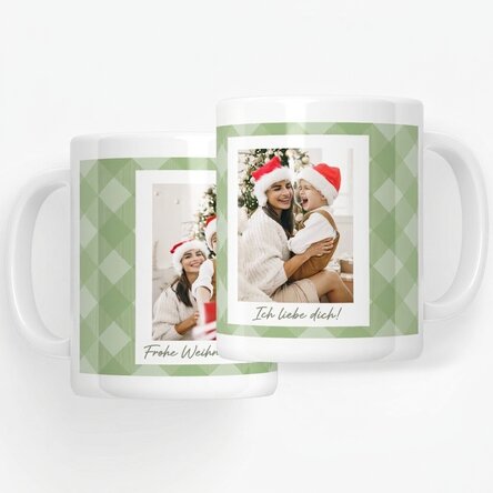 Personalisierte Tasse mit zwei Fotos und Text – Grüne Karos