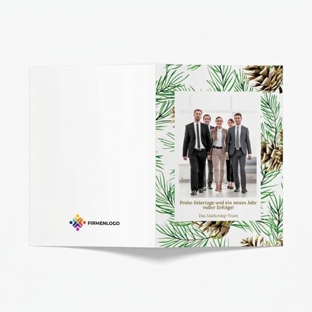 Personalisierte Grußkarte, Vorderseite und Rückseite mit Text, Foto und Logo – Tannenzapfen