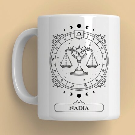 Personalisierte Tasse mit Namen und Sternzeichen – Waage