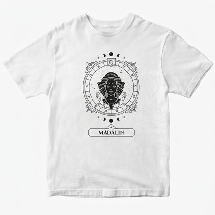 Personalisiertes Baumwoll-T-Shirt mit Namen und Sternzeichen – Jungfrau
