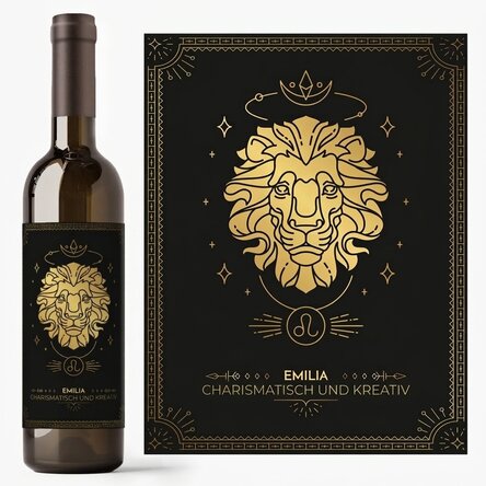 Personalisierter Wein mit Text und Sternzeichen – Löwe