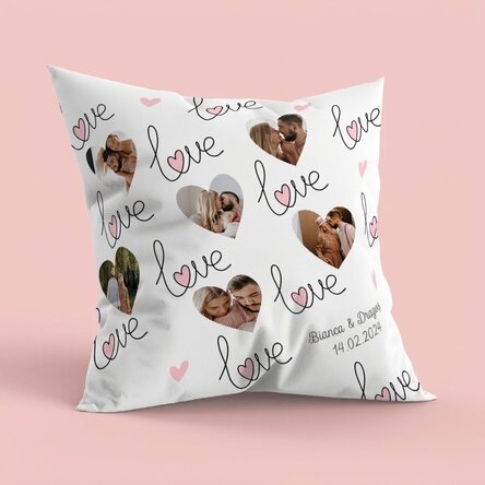 Personalisiertes Kissen mit 6 Fotos, Herz und Botschaft – Love