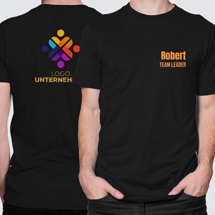 Personalisiertes Baumwoll-T-Shirt mit Text und Logo auf der Vorder- und Rückseite