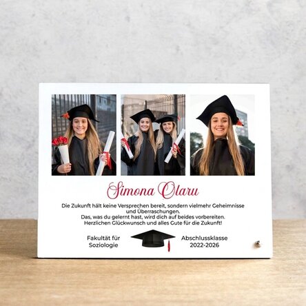 Personalisierter Fotorahmen für den Schreibtisch mit 3 Fotos und Text – Abschlussfeier
