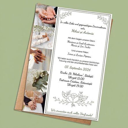 Individuell gestaltete Karte mit 5 Fotos und Text – Hochzeitseinladung