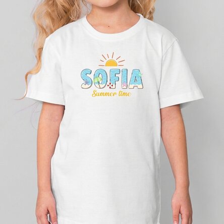 Baumwoll-T-Shirt für Kinder, individuell mit Namen und Botschaft bedruckt – Summer