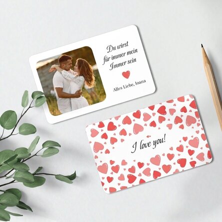 Individuell gestaltete Aluminiumkarte (Vorder- und Rückseite) mit Foto und Text – Hearts