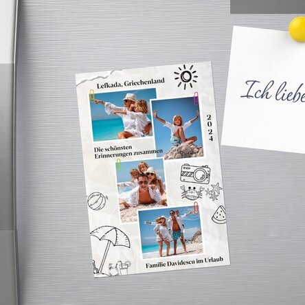 Individuell gestalteter Magnet (10 x 15 cm) mit 4 Fotos und Text – Holiday