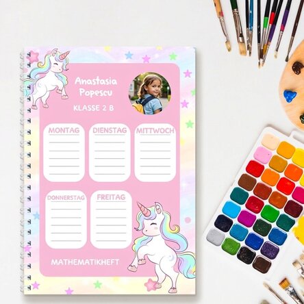 Personalisiertes Notizbuch mit Foto und Text – Stundenplan „Einhörner“