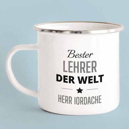 Personalisierte emaillierte Metalltasse mit Botschaft – Lehrer