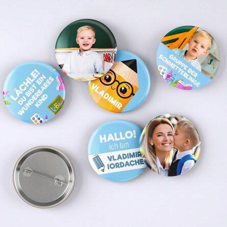 Set mit 6 personalisierten Ansteckern mit Fotos und Botschaft – Back to School