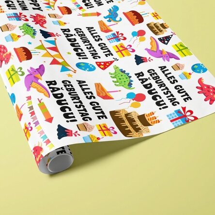Individuell gestaltetes Geschenkpapier mit Text – Die Dinosaurier-Party