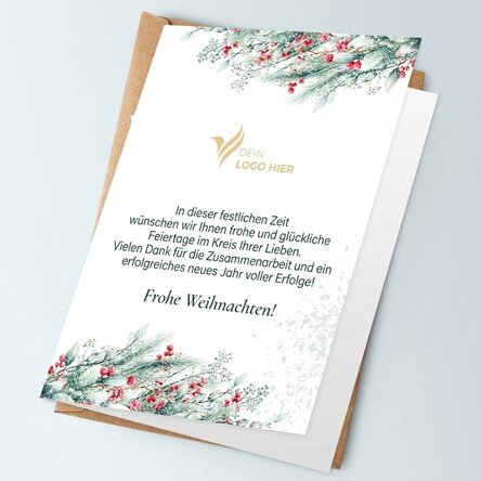 Personalisierte Grußkarte, Vorderseite und Rückseite mit Text und Logo – Frohe Weihnachten!