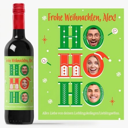 Personalisierter Wein mit einer Botschaft und 3 Weihnachtsfotos – HO HO HO