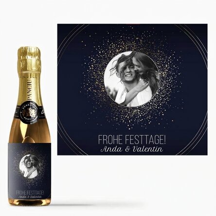 Kleine Sektflasche, individuell gestaltet mit Text und Foto – Sparks of Joy