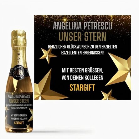Kleine, mit einem Text zur Verabschiedung in den Ruhestand personalisierte Sektflasche