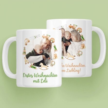 Personalisierte Tasse mit Text und 2 Fotos – Das erste Weihnachtsfest