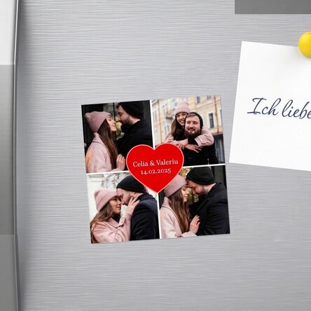 Individuell gestalteter Magnet 10x10 mit 4 Fotos und Text – Herz